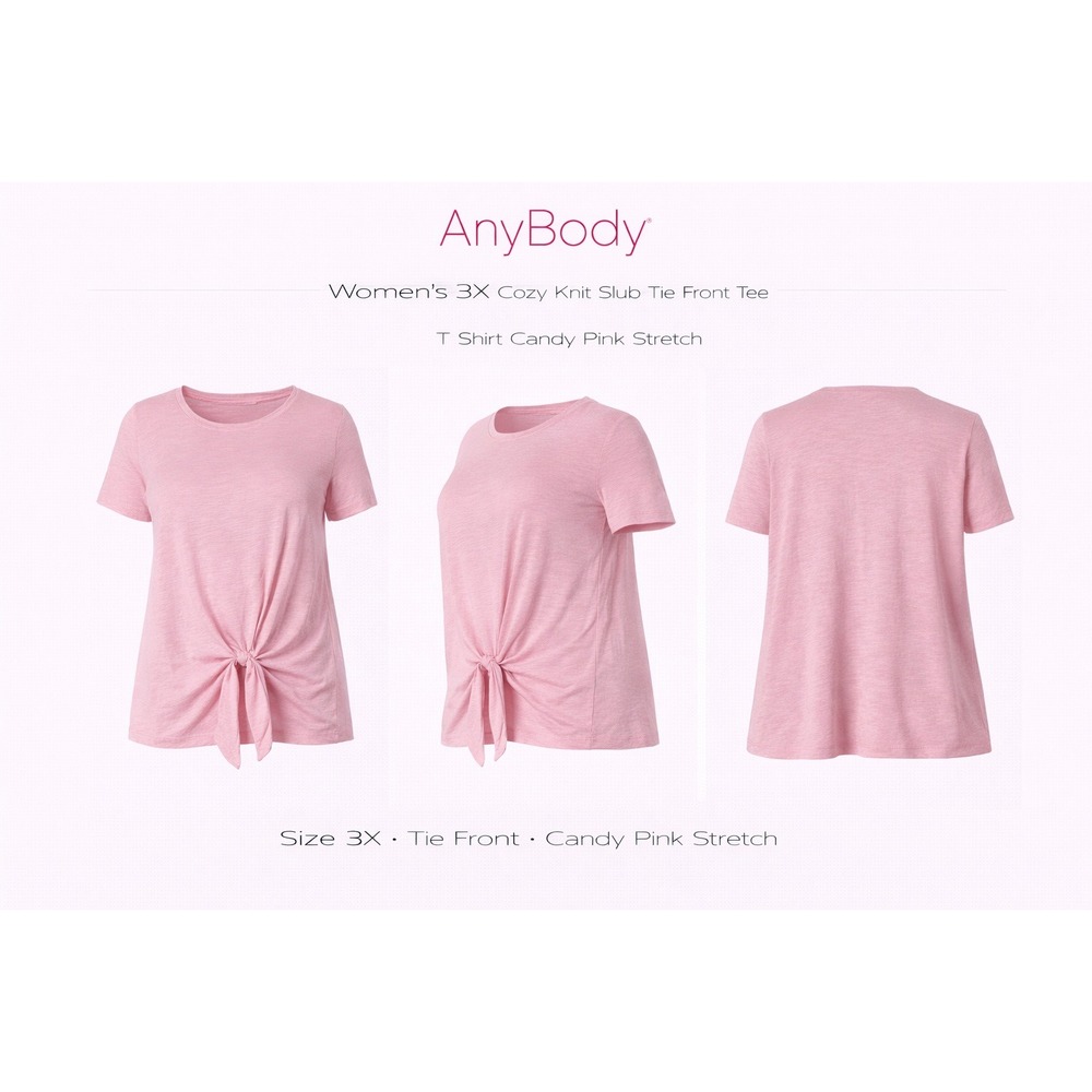 AnyBody Cozy Knit Slub Tie Front‎ Tee Pink Short Sleeve Plus Size 3X A374517